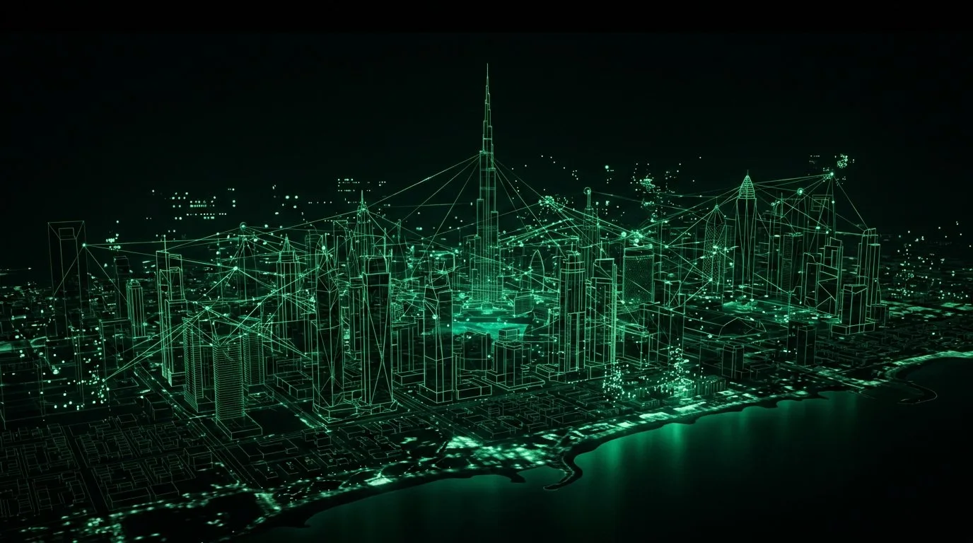 Best Spending Tracker UAE — Dubai skyline green wireframe data network