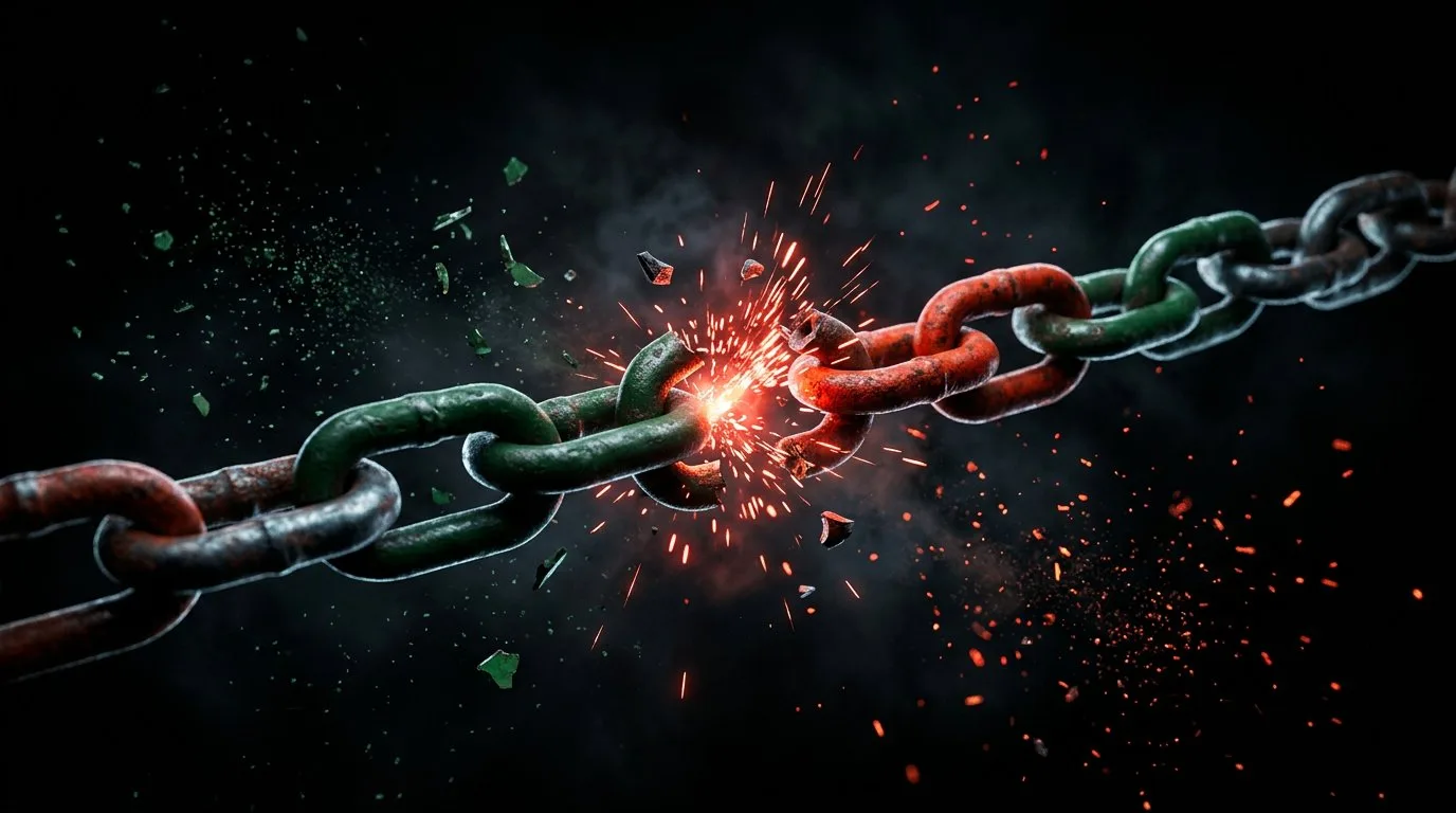 Revenge Spending cycle — green and red chain snapping apart with sparks