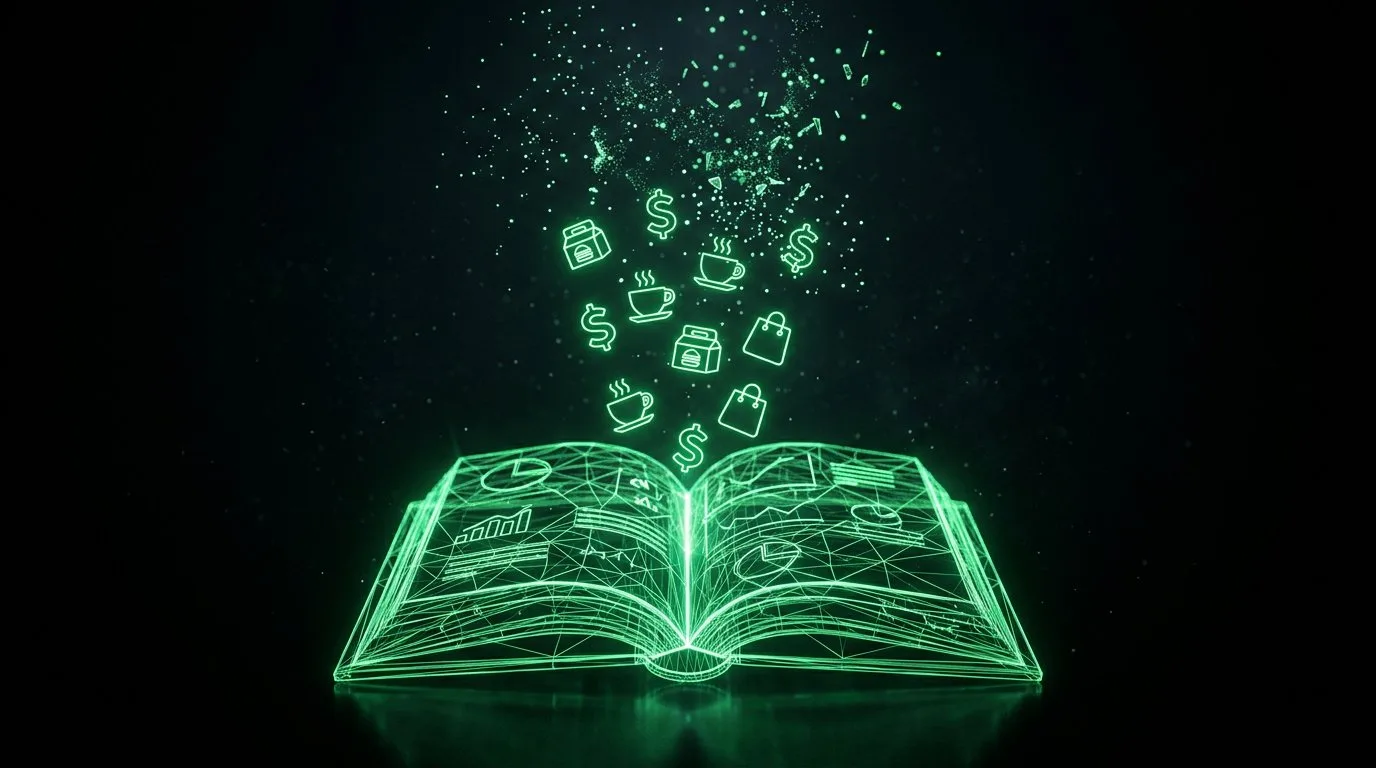 Spending App for Students — wireframe open book with floating spending icons