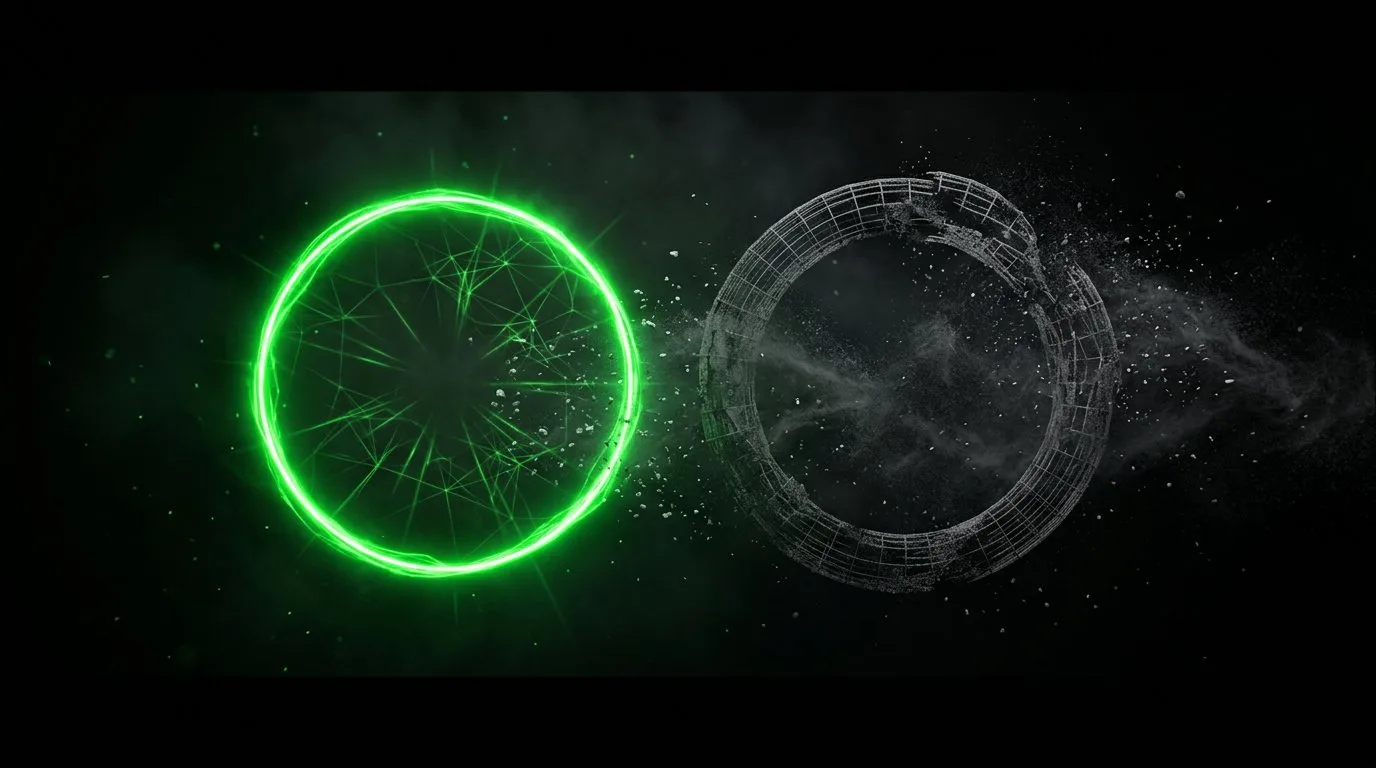 SpendTrak vs Mint — glowing green circle versus crumbling gray wireframe circle